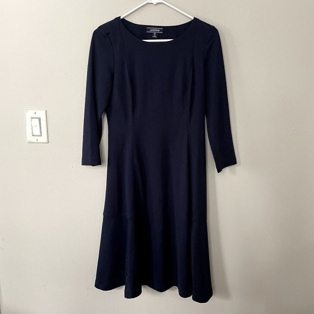 Lands' End dark navy blue midi dress long sleeves boat‎ neckline rayon comfort